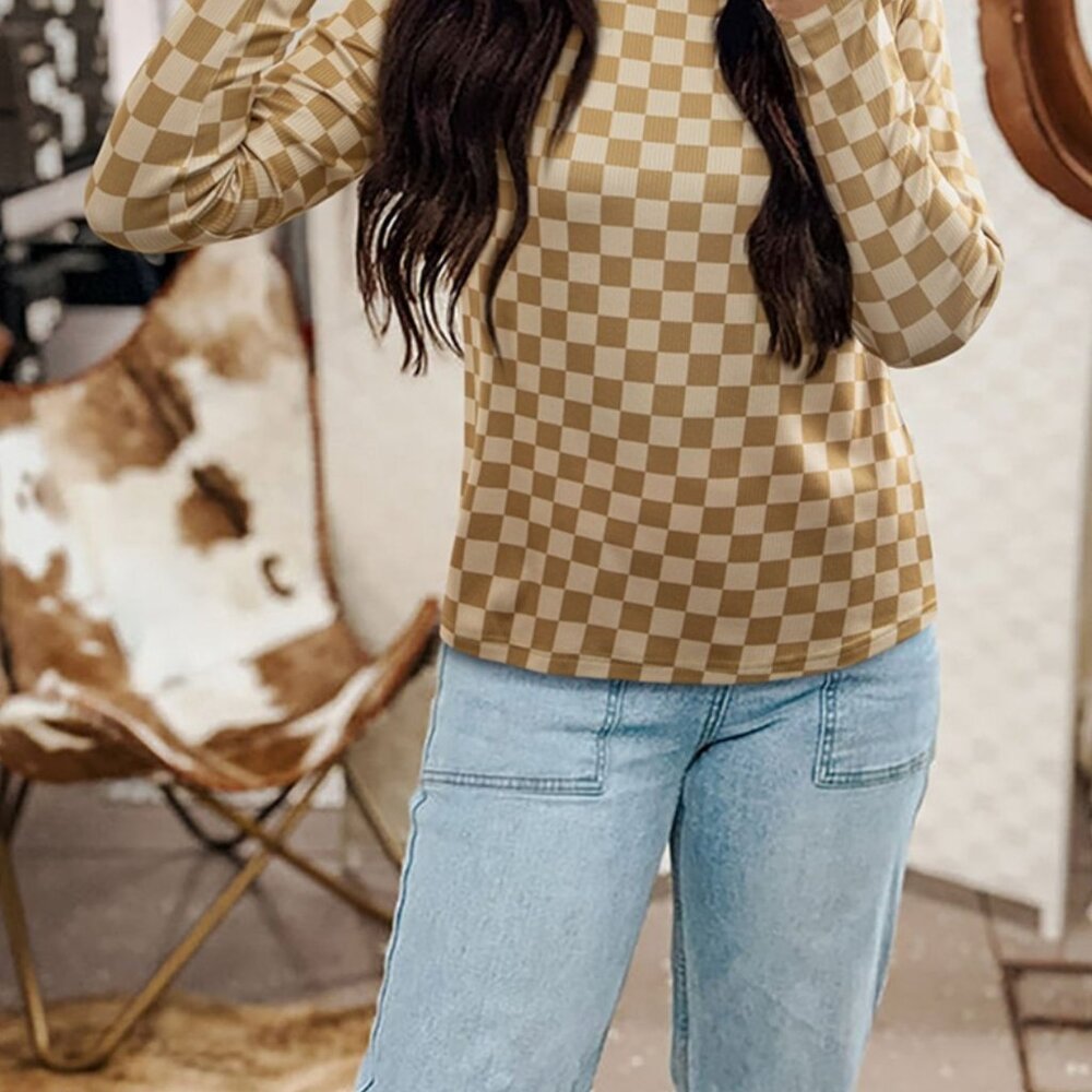 Check Pattern Turtleneck Slim Long Sleeve Tee